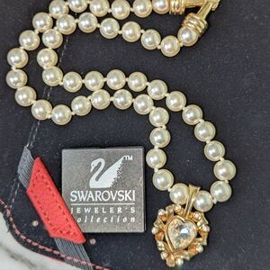 Vintage Swarovski Elegant Pearl Necklace with Gold Heart Pendant w Crystals
